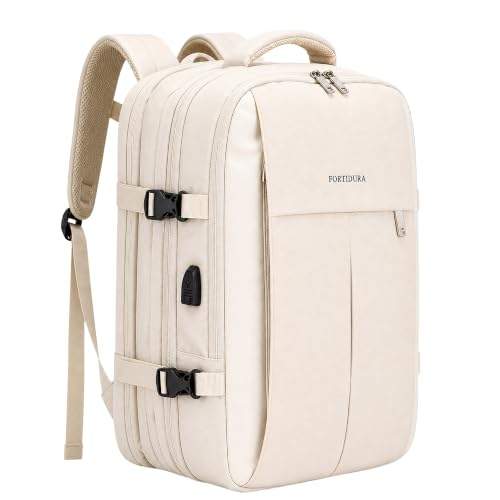 Expandable 42L Travel Carry-On Backpack with USB Port, Beige