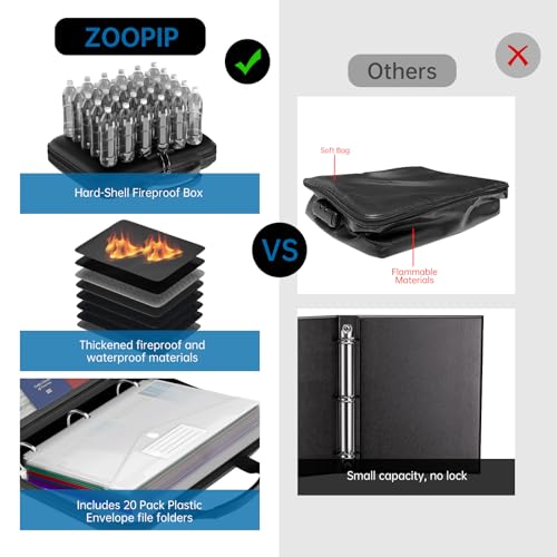 Fireproof Binder Organizer with 20 Pack Binder Pockets & Lock,Black