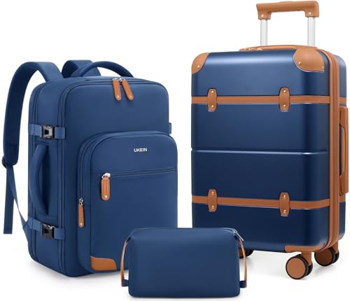 Expandable Carry On Luggage Set, 20In PC Hardside Suitcase with Backpack - color: Blue