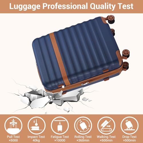 Kono Checked Luggage 28in Expandable Hardside TSA Lock Navy - color: Navy/Brown, size: Checked-large 28-inch