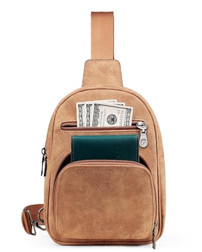 FADEON Sling Bags for Women Crossbody Bag, Designer PU Leather Sling Purse - color: Camel Brown Nubuck Style, size: Small