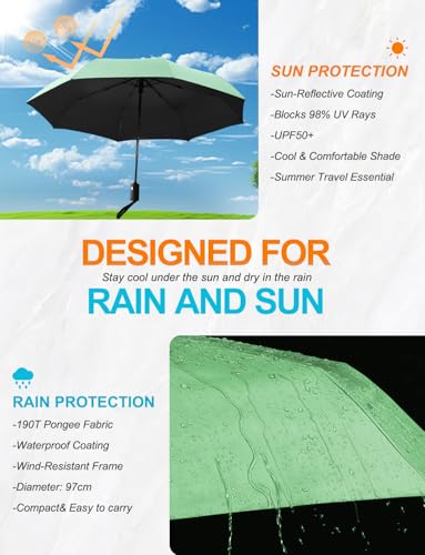 Windproof Travel Umbrella, Automatic Compact Folding Umbrella, Small Travel Size Umbrella for Rain, Backpack & Everyday Carry - color: Light Green