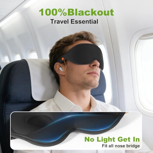 3D Contoured Sleep Mask with Earplug Keeper,Earbuds Anti-Loss,100% Pressure-Free & Total Light Blocking Eye Mask with Adjustable Strap. Ideal for Sleep Earplug User, Airplane Travel, Meditation Black - color: Black