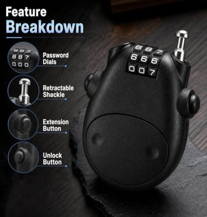 Retractable Cable Lock, 3-Digit Combination Lock with 3 Feet Retractable Steel Cable, Luggage Stroller Locks for, Bike, Ski, Helmets, Backpacks