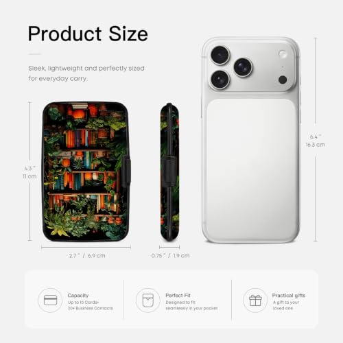Credit Card Holder Bookshelf Botanical Mini Aluminum Wallet | ABS Business ID Case,Hard Case Large Capacity 6 Slots, Waterproof Durable ，Secure Closure Slim Small Credit Card Protector - color: Bookshelf Botanical