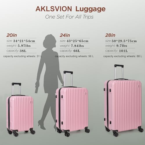 3-Piece Hardside Luggage Set ABS+PC Spinner Suitcase(Pink) - color: Pink, size: Large