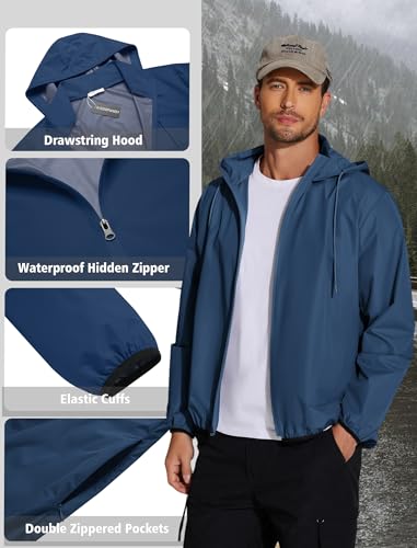 COOFANDY Men's Light Rain Jacket Packable Waterproof Raincoat Windbreaker - color: Navy Blue, size: 3X-Large