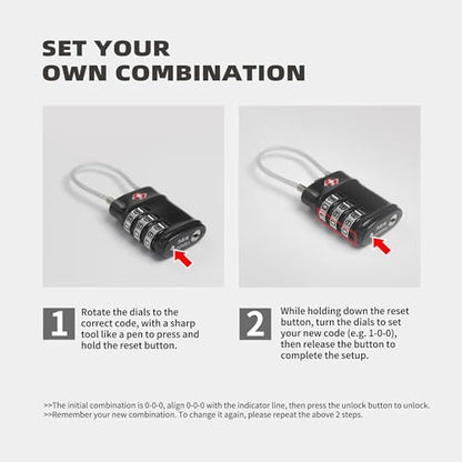 Luggage Locks TSA Approved Travel Essentials, TSA Locks for Luggage, 3 Digit Combination Padlock with Code, Combo Small Padlock for Suitcase, Backpack, Bag Zipper, Locker, Gun Case, 1-Pack - color: Black, style: Flexible Cable