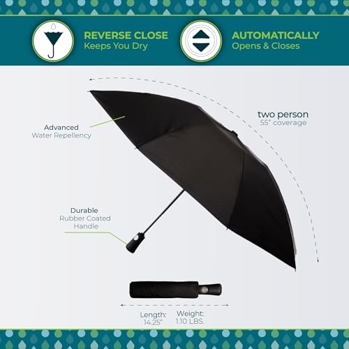 Totes Reverse Close Folding Inbrella with Auto Open Close and Compact - color: Black, size: 55" Canopy