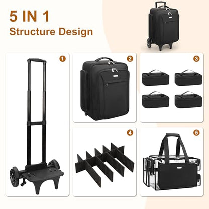 Relavel Rolling Makeup Case with Large Clear Makeup Bag, Black - color: 1-Black with Clear Makeup Bag