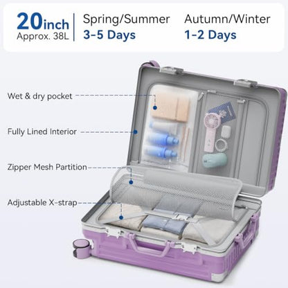 Carry On Luggage, Zipperless Aluminum Frame Suitcase, Purple, 20 in - color: Purple, size: 20in