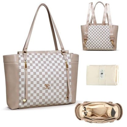 miss fong Checkered Diaper Bag Tote Leather Diaper Bag Backpack, Large Capacity Mommy Bag Hospital Bag, 12 Pockets Travel Diaper Tote with Changing Pad for Mom Plaid Tote Bag for Women-Beige&Honey - color: Beige&honey