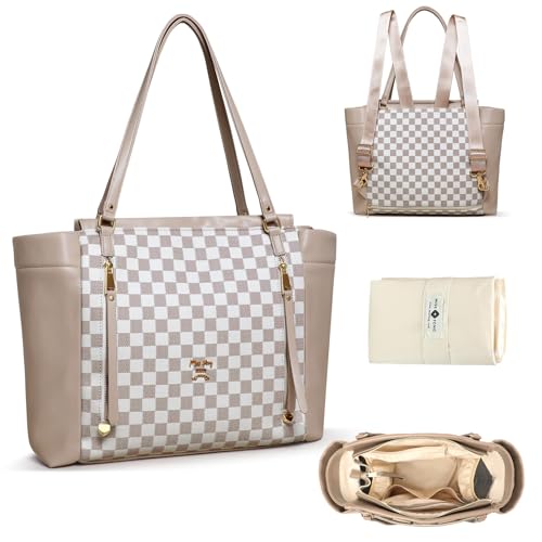 miss fong Checkered Diaper Bag Tote Leather Diaper Bag Backpack, Large Capacity Mommy Bag Hospital Bag, 12 Pockets Travel Diaper Tote with Changing Pad for Mom Plaid Tote Bag for Women-Beige&Honey - color: Beige&honey