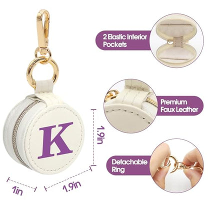 Mini Initial Travel Jewelry Case Ring Holder Gifts for Women Girls - color: Beige, size: Leather-K