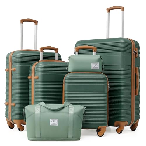 LONG VACATION Luggage Sets with Spinner Wheels, Suitcase Set 6 Piece - color: GREEN-BROWN, size: 6 piece set