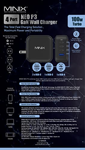 MINIX P3 100W Turbo 4-Port GaN Travel Wall Charger USB C PD Power Adapter - size: 100W