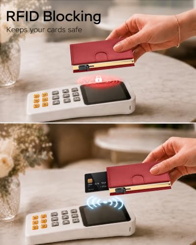 RFID Wallet Women Slim Small Minimalist Metal Pop Up Credit Card Holder - color: Ruby