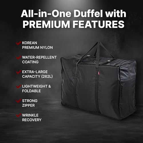 Plago Professional Quality Extra Large Nylon Duffel Bag – Lightweight, Foldable, Water-Repellent Cargo Bag for Travel & Camping, Folding Bike, Tent, Mattress, Blankets, and Closet Storage - size: 262L (39"x28"x15")
