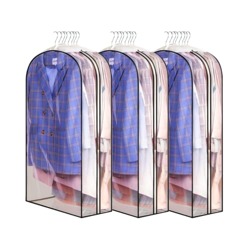 3 Pack 10" Clear Garment Bags for Hanging Clothes, 40" Gusseted Plastic Hanging Covers and Clothing Protectors with Side Zipper, Long Dress Suit Jacket Closet Cover Dust Proof for Wardrobe Storage