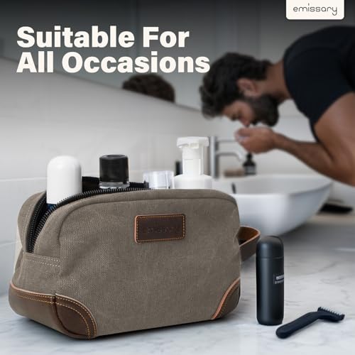 emissary Men's Canvas Travel Toiletry Bag, Leather Dopp Kit - Light Gray | Durable canvas & PU leather, water-resistant lining, side handle; roomy men's Dopp kit for travel & gym - color: Light Gray