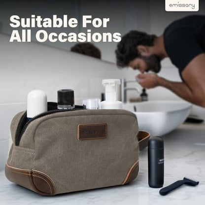 emissary Men's Canvas Travel Toiletry Bag, Leather Dopp Kit - Light Gray | Durable canvas & PU leather, water-resistant lining, side handle; roomy men's Dopp kit for travel & gym - color: Light Gray