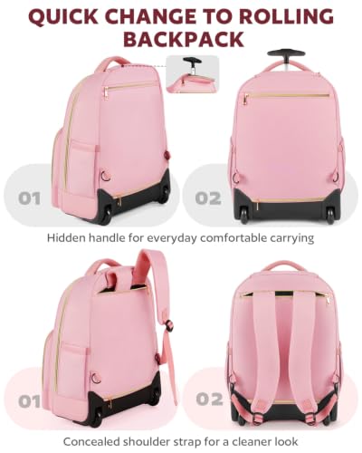 Arcoyard Rolling Backpack for Women, 17.3 Inch Travel Backpack with Wheels - color: Pink Gold, size: 17.3-inch
