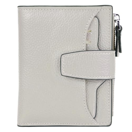 Women's RFID Blocking Leather Small Compact Bi-fold Zipper Pocket Wallet Card Case Purse with id Window - color: Lichee Grayish White