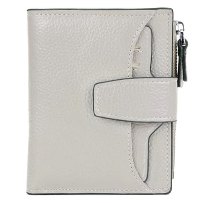 Women's RFID Blocking Leather Small Compact Bi-fold Zipper Pocket Wallet Card Case Purse with id Window - color: Lichee Grayish White