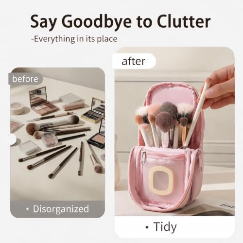 Standing Travel Makeup Bag, Small Fold-Down Makeup Brush Organizer (Pink) - color: Pink