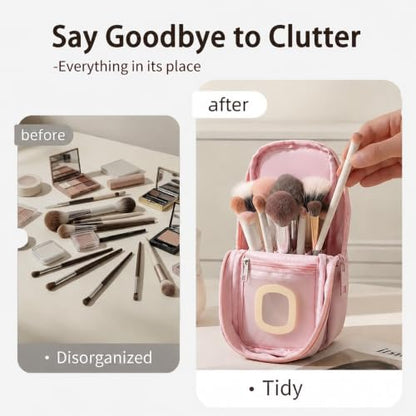 Standing Travel Makeup Bag, Small Fold-Down Makeup Brush Organizer (Pink) - color: Pink