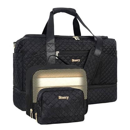 Stuery Weekender Bags for Women with Toiletry Bags: Large Overnight Bags Travel Duffel Bag Carry On Shoulder Weekend Tote with Shoe Compartment and Wet Pocket for Girls Airplane Traveling,Dark - color: B-3PCS All Dark