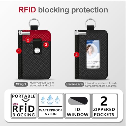 Minimalist RFID Blocking Small Wallet with ID Window,WaterResistant Zip Id Case Wallet with Lanyard Keychain for Cards,Cash,Travel,Women,Men (Black/Red) - color: Black/Red