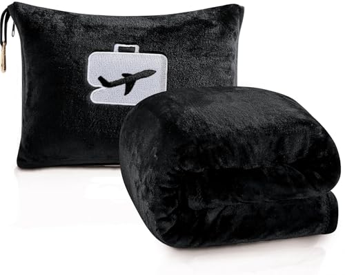 Comfort Fly Travel Blanket & Pillow – 2-in-1 Micro Plush Airplane Blanket with Carry Case (40" x 70") - Black - color: Black