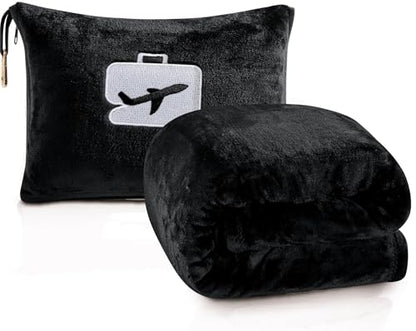 Comfort Fly Travel Blanket & Pillow – 2-in-1 Micro Plush Airplane Blanket with Carry Case (40" x 70") - Black - color: Black