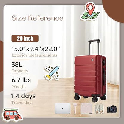 Hulsin 20-Inch Carry on Luggage, Hardside Suitcase with TSA Lock - color: Red, size: 20-Inch