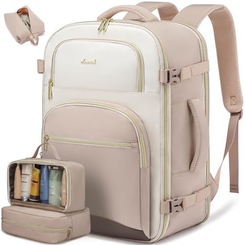 LOVEVOOK Travel Essentials Carry on Backpack 50L Travel Backpack for Women Men,Waterproof TSA Personal Item Travels Bag Airline Flight Approved,Large Carry on Luggage Laptop Backpack with Packing Cube - color: Off-white - Grayish Pink - Dark Brown, size: