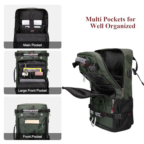 WITZMAN Travel Backpack for Men Duffle Luggage Bag with USB Charging Port - color: Army Green