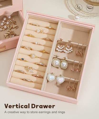 Homde Display Jewelry Box for Girls: Starter Organizer with Clear Window - color: Peach Pink + Gold