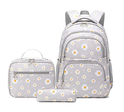 3Pcs Flower Daisy Backpack for Girls with Lunch Box Kids School Bag - color: 3pcs-gray
