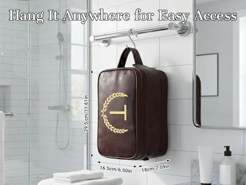 OXYEFEI Personalized Gifts for Men, Personalized Large Toiletry Bag for Men,Custom PU Leather Waterproof Mens Toiletry Travel with Initial Essential Dopp Kit Shaving Bag (J, Tea Brown) - color: Tea Brown, style: J