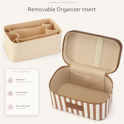 Makeup Bag Travel Toiletry Leather Cosmetic Case, Waterproof Makeup Organizer with Brush Holder, Wipe Clean Removable Divider Vanity Train Bag for Women, Caramel Brown - color: Caramel Brown