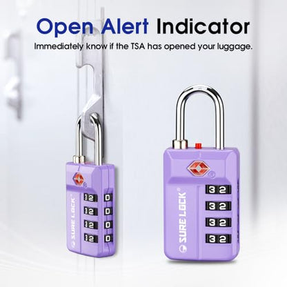 SURE LOCK TSA-Approved 4-Digit Resettable Combination Luggage Lock with Open Alert, Easy-Read Dials - for Luggage, School Lockers, Gym, Office, Toolbox & Security Cases (Purple 2 Pack) - color: PURPLE 2PACK
