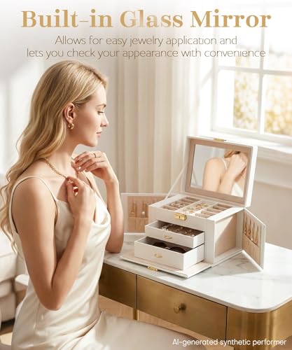 Homde Lockable Jewelry Box for Girl: 3-Layer Safe Organizer with Key - color: White