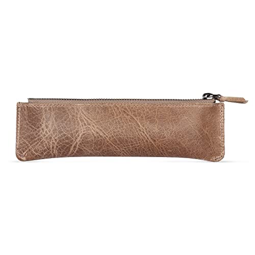 Londo Genuine Leather Pen Case with Zipper Closure, Pencil Pouch Stationery Bag - color: Mink