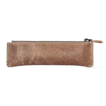 Londo Genuine Leather Pen Case with Zipper Closure, Pencil Pouch Stationery Bag - color: Mink