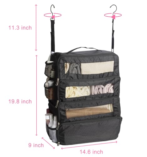 Hanging Suitcase Organizer with Laundry Bag, Travel Packing Cubes, Collapsible Portable Closet Shelves, Polyester, Black, Small