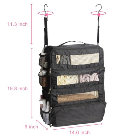 Hanging Suitcase Organizer with Laundry Bag, Travel Packing Cubes, Collapsible Portable Closet Shelves, Polyester, Black, Small