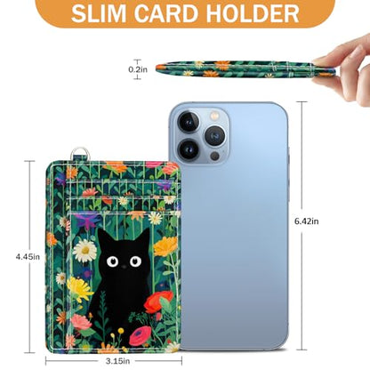 Yonlevres Cat Credit Card Holder Slim RFID Wallet Women Small Travel Cute - color: Cat Flower Green