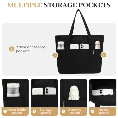 Large Canvas Tote Bag for Women, Beach Bag with Zipper, Utility Tote Bag with 3 Front Pockets, Weekender Pool Bag - color: Black