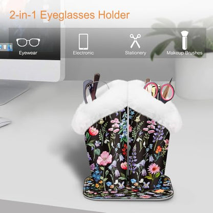 FINTIE Plush Lined Double Eyeglasses Holder with Magnetic Base for Desk - color: Black Floral